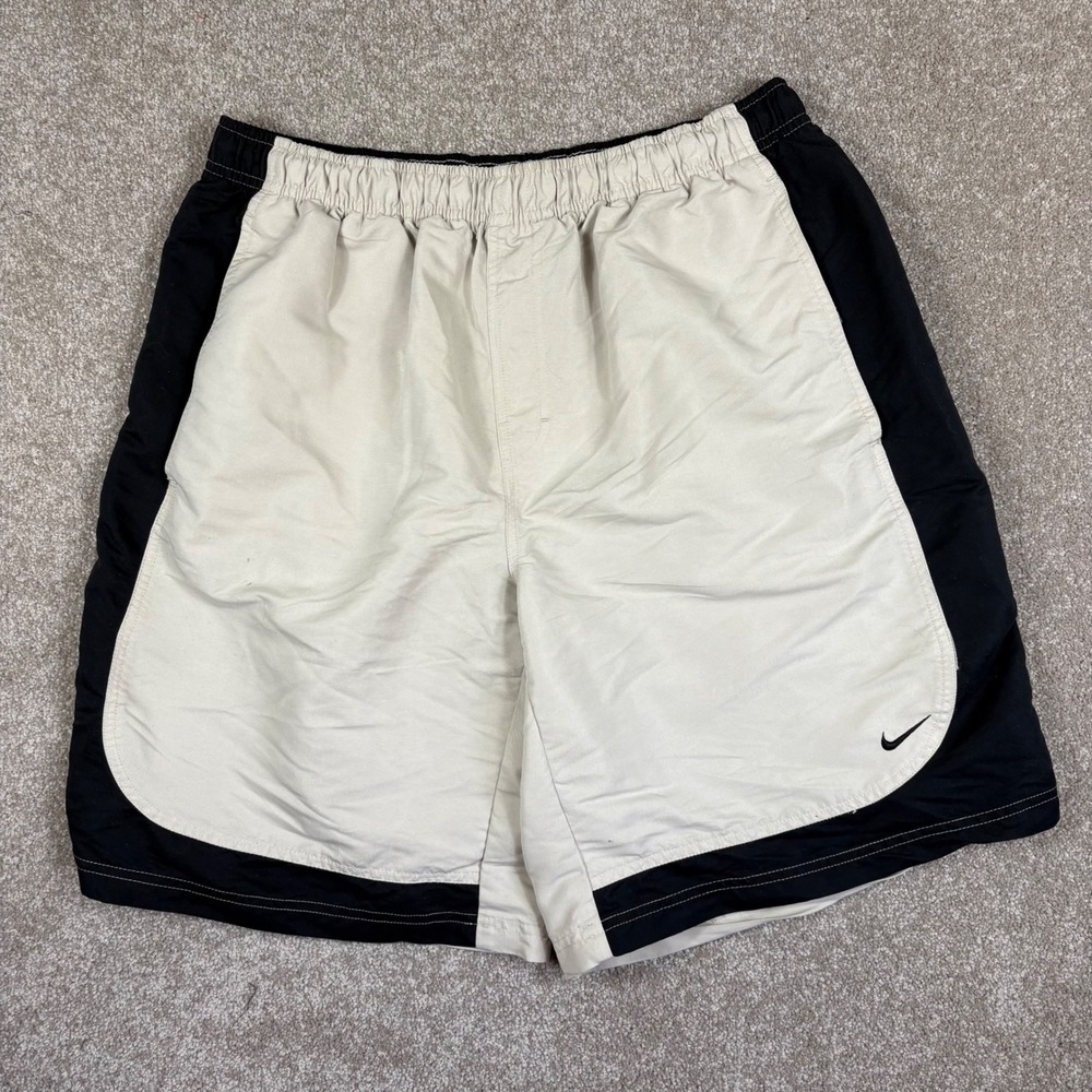 Nike Mens Athletic Shorts XL Beige Black Swoosh Elastic Waist Vintage Style